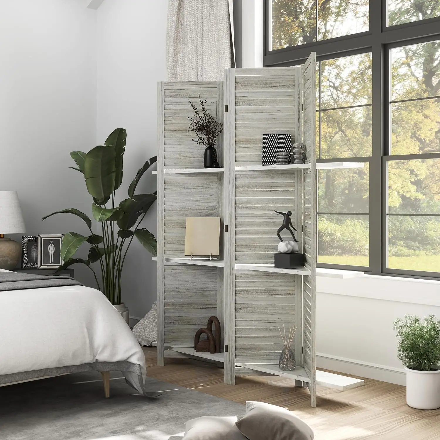 4 Panel Room Divider with 3 Display Shelves, 67
