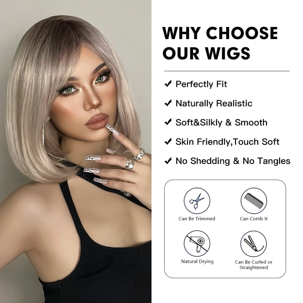Short Bob Ombre Brown Blonde Synthetic Wigs with Bangs for Women Cosplay Party Daily USE Heat Resistant Stylish Fashionable Wigs image 2