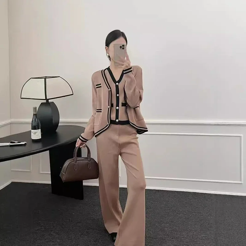 أنيقة محبوك المرأة 3 قطعة مجموعات سترة معاطف القمم Conjunto كوريا عالية الخصر بنطال ذو قصة أرجل واسعة الزي سليم سترة دون أكمام دعوى #6