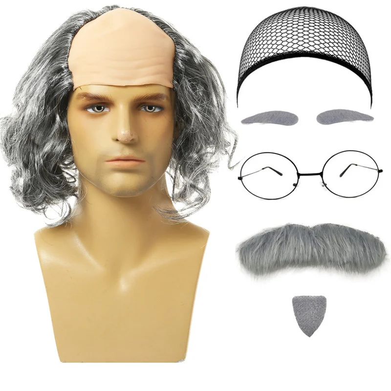 1 Set Hair Extensions Synthetic Hallowee Cosplay Old Man Wigs Breathable Head Cover Performance Dress Up Grandpa Wig Hat for Men view 4