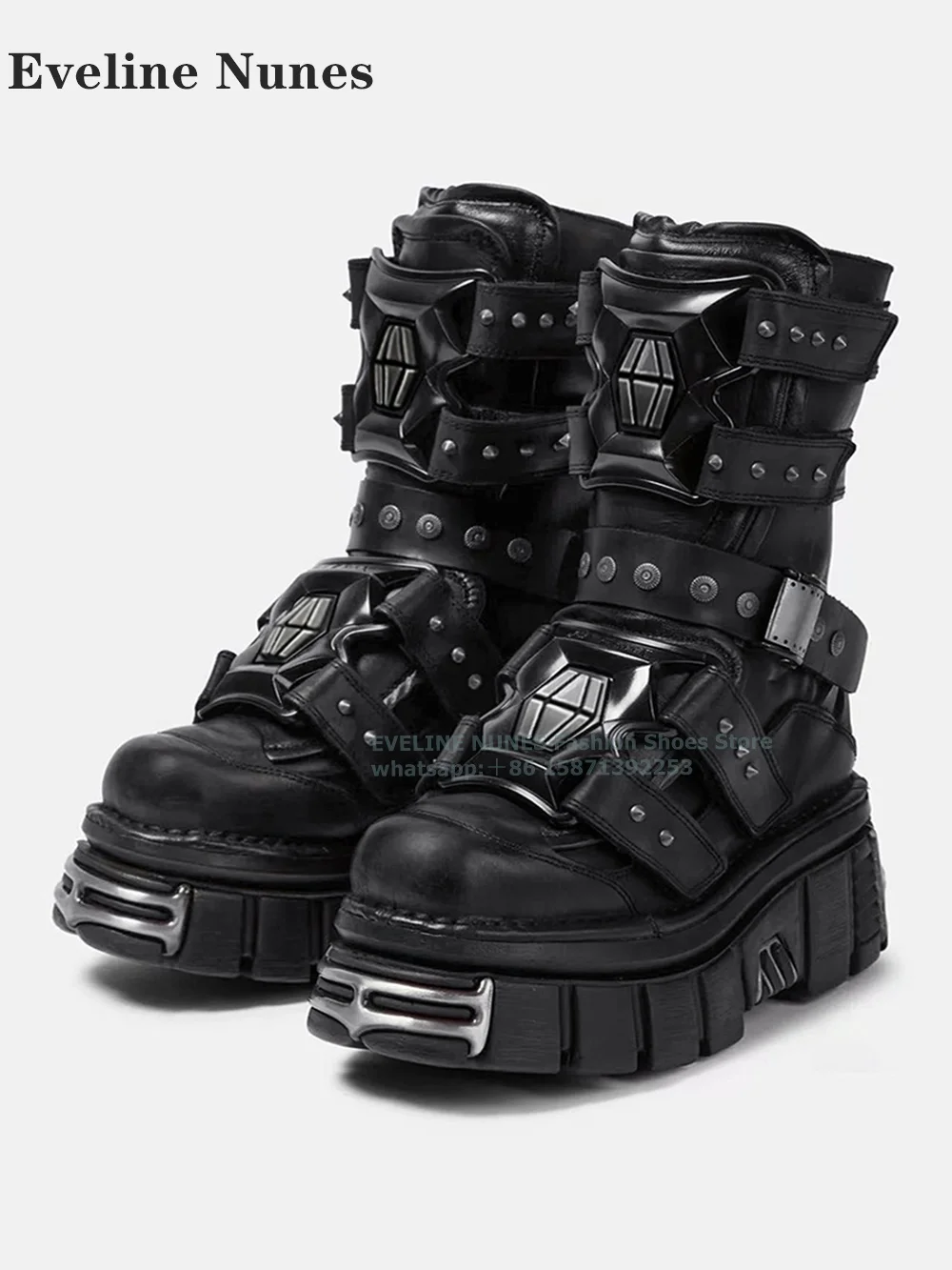 Metal Decoration Platform Rivet Punk Mid-Calf Boot Round Toe Height Increasing Buckle Strap Pull On Motorcycle Boots Dark Winter