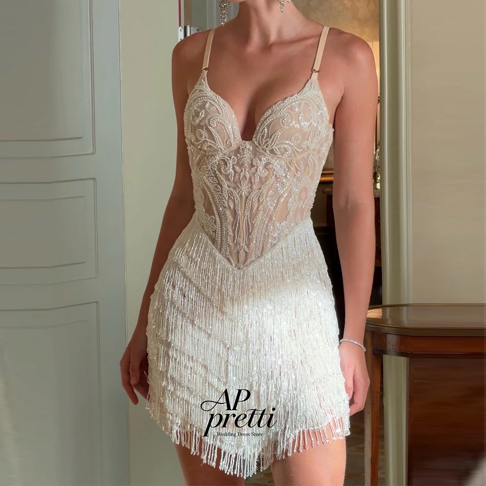 AP pretti Luxury Lace Mini Wedding Dresses Beaded Sweetheart Customized Spaghetti Strap Mini-Length Bridal Gown Robe De Mariée 