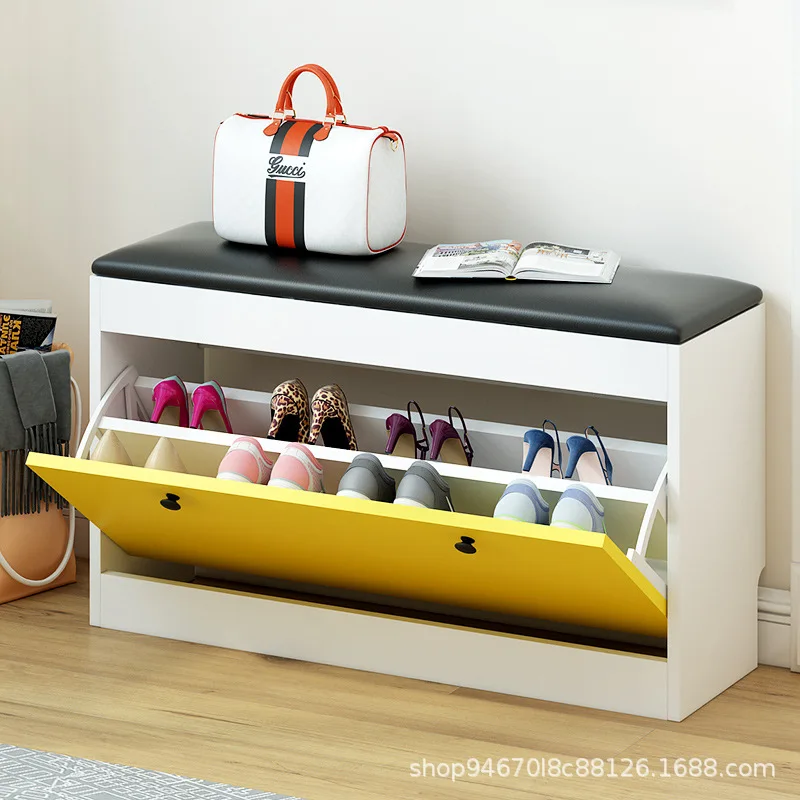 Ultra-thin Tipping Bucket Shoe Cabinet At The Entrance Small and Simple  Multi-functional Shoe Rack with Shoe Changing Stool