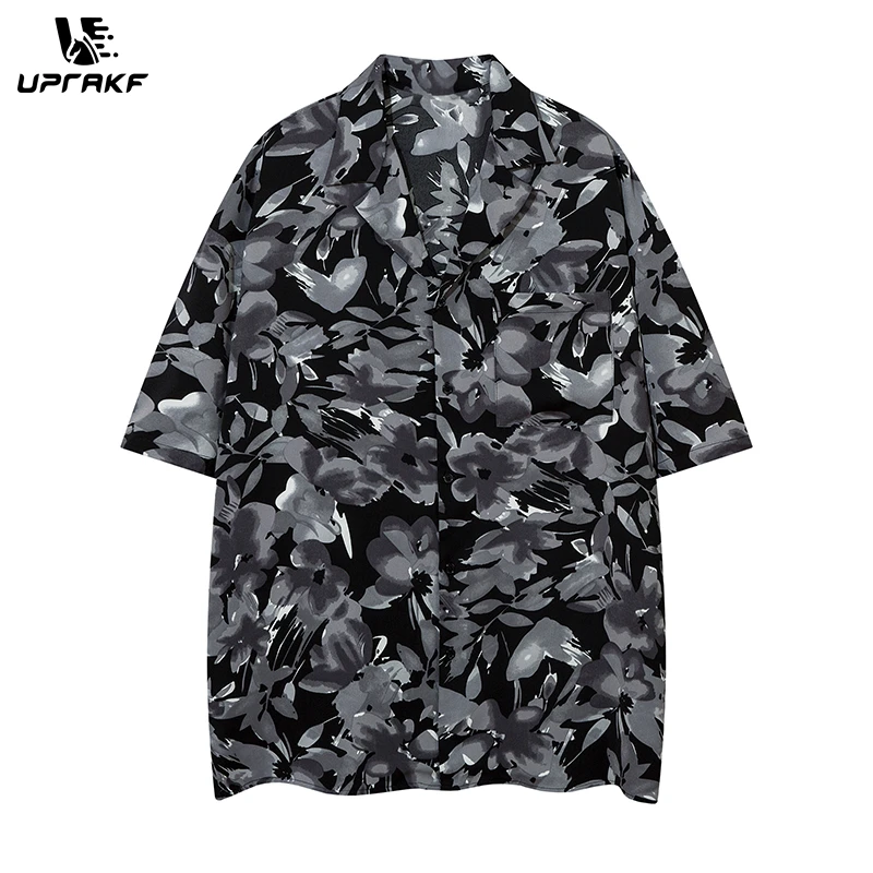 

UPRAKF Vintage Streetwear Abstract Flower Print Shirts Casual Summer Tops Outwear Short Sleeve High Quality Fashion