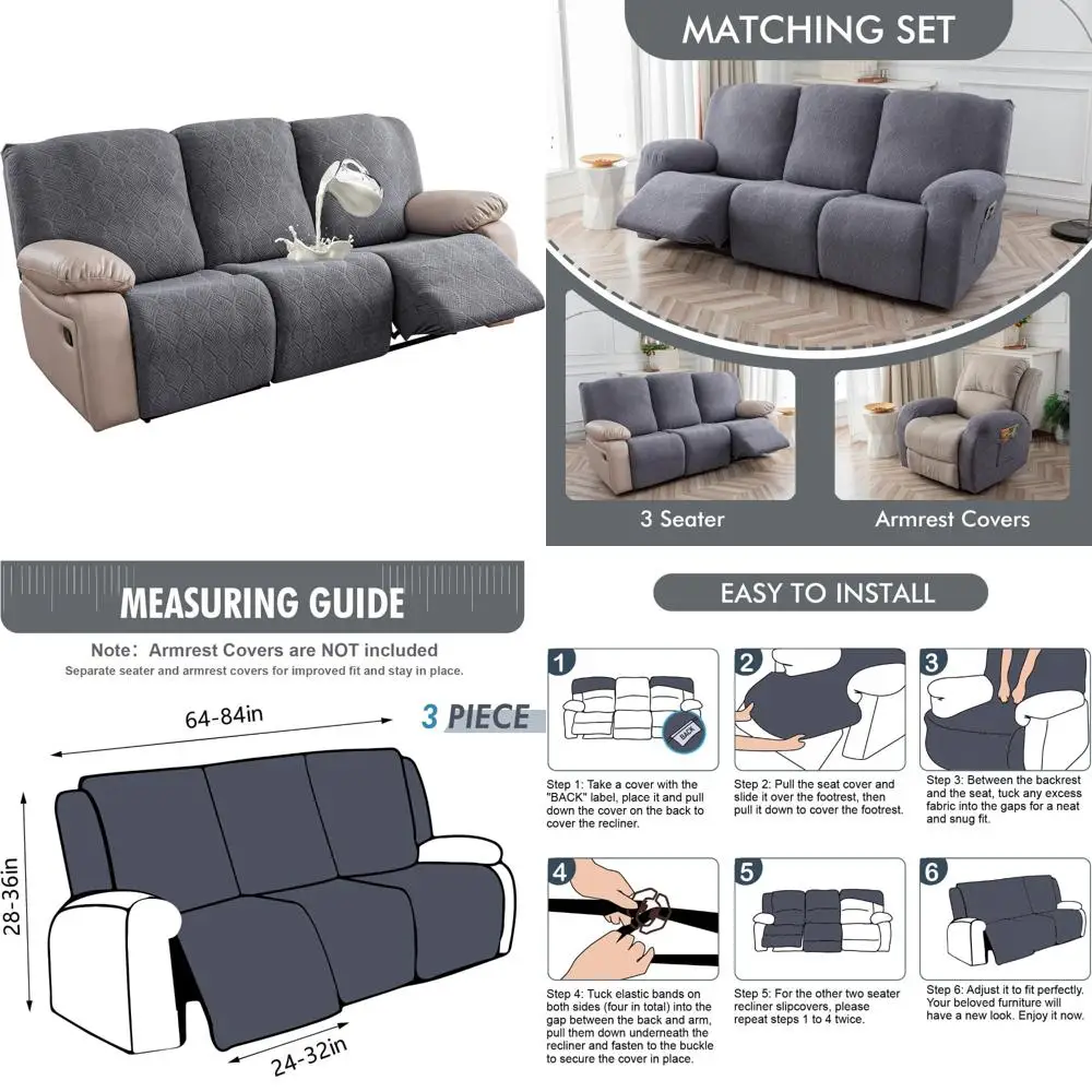

Waterproof 3-Piece Recliner Sofa Covers, Stretchy Couch Slipcovers for 3-Cushion Reclining Sofas, Pet-Friendly and Washable