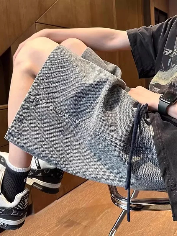 

Летние тонкие джинсовые шорты прямого кроя для мужчин, с завязками на талии, длиной до колена, повседневные, свободного кроя, для подростков