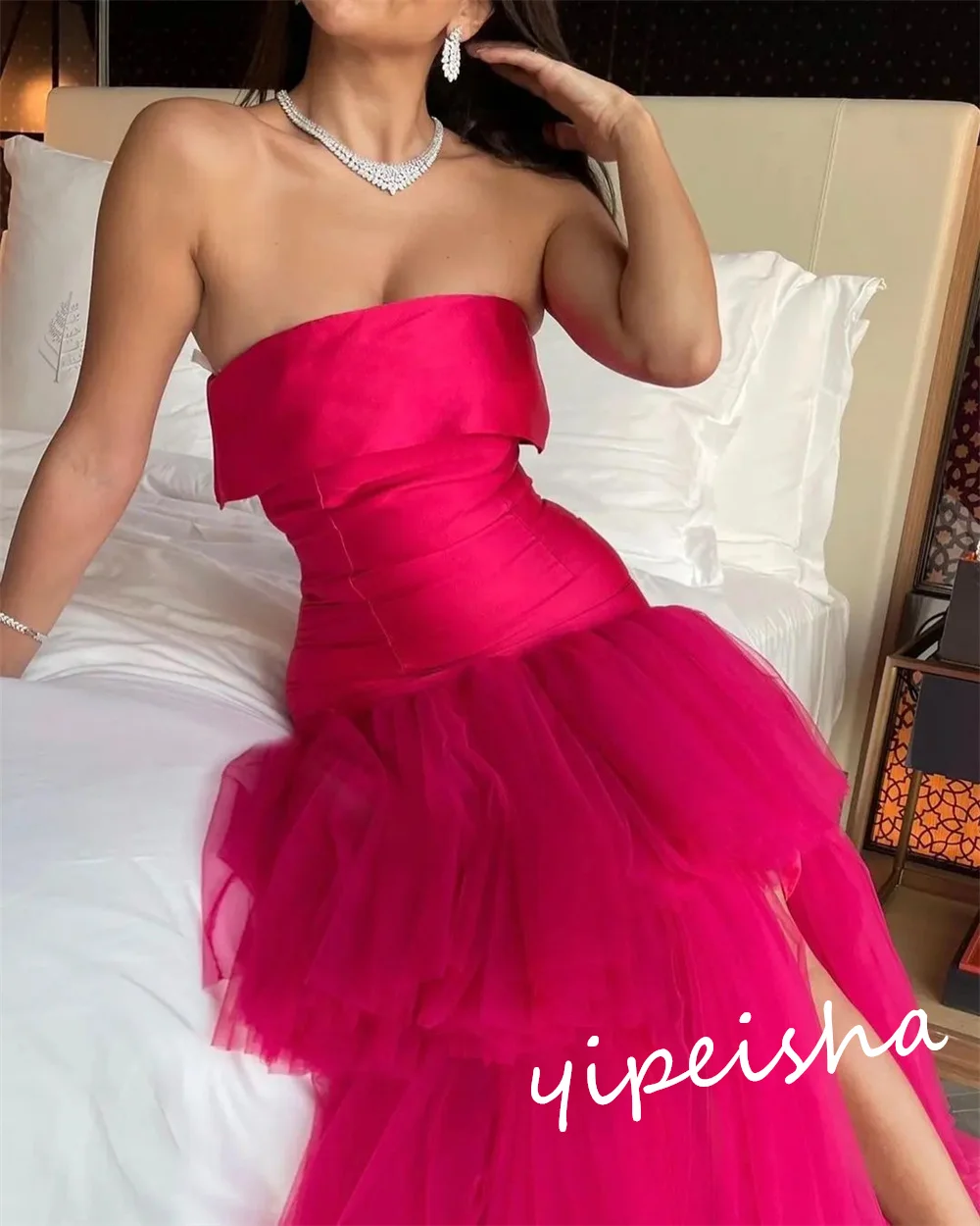 Jiayigong Strapless Tule Camadas Cocktail Party Ball Gown, Bespoke Ocasião Vestidos Longos