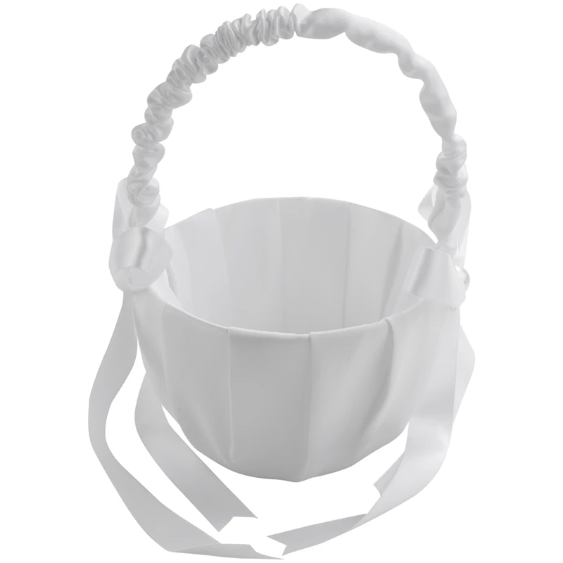 

4X Romantic White Satin Bowknot PEARL Flower Girl Basket Wedding Ceremony Party