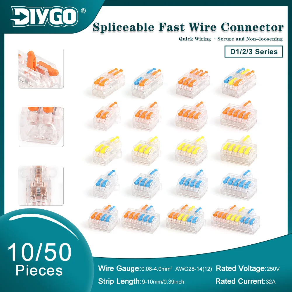 D-Series Spliceable Fast Wire Connector 10/50Pcs Lever Terminal Block Quick Push In Electrical Cable Splitter Wiring Terminal