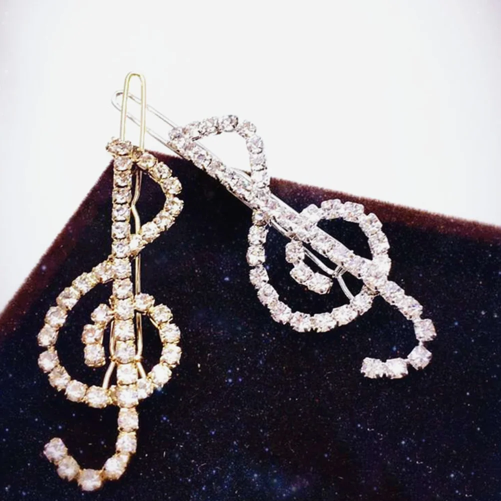 2 Pcs Musical Note Hairpin Jewelry Decorative Clips Rhinestone Side Barrettes Accessories for Women Wedding Non-slip