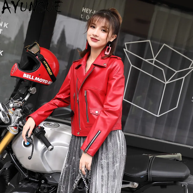 AYUNSUE chaqueta De cuero genuino para mujer, chaquetas De moto De piel De oveja auténtica, ropa De primavera, nueva ropa De abrigo, chaqueta De cuero