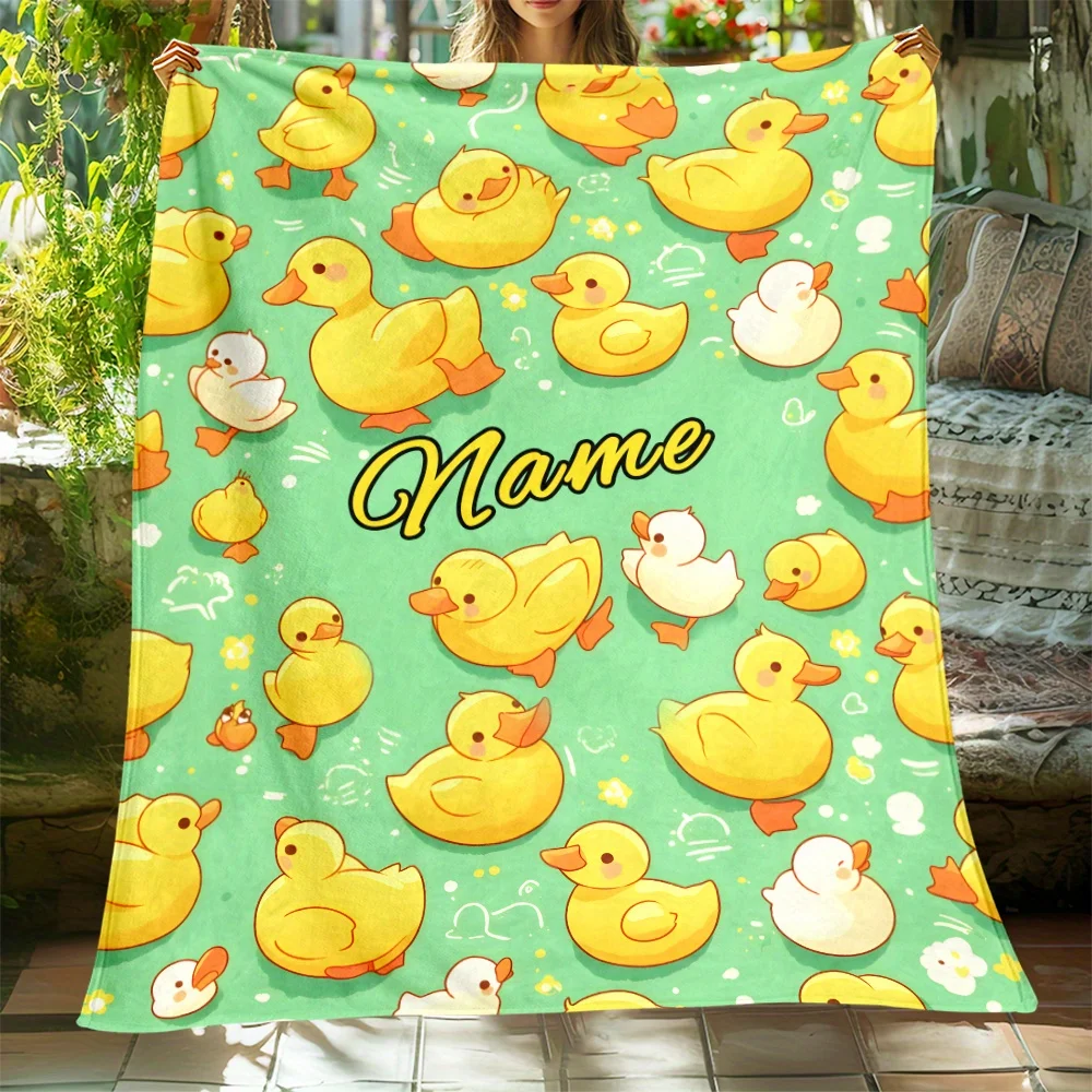 Personalized Custom name duck-printed flannel blanket - Soft, lightweight and warm，Cute yellow duck design with clouds and stars
