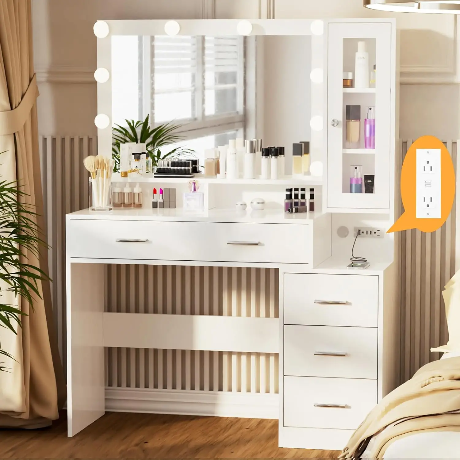 

Likein Makeup Vanity with Charging Station, Makeup Vanity Desk with Mirror and Lights, Dressing Table with Nightstand Drawers