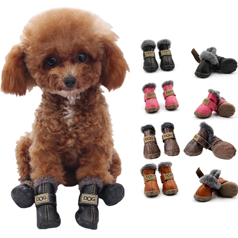 4Pcs/set Winter Pet Shoes Waterproof Thick Warm Leather Dog Shoes Non-slip Snow Boots for Puppy Cat Chihuahua Pug Pet Paw Care