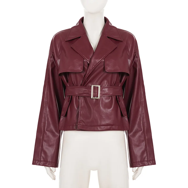 Solid Lace Up Short Leather Jacket Women Fashion Lapel Waist Cinching Zipper Pocket Coat Lady Autumn Daily Highstreet Jackets