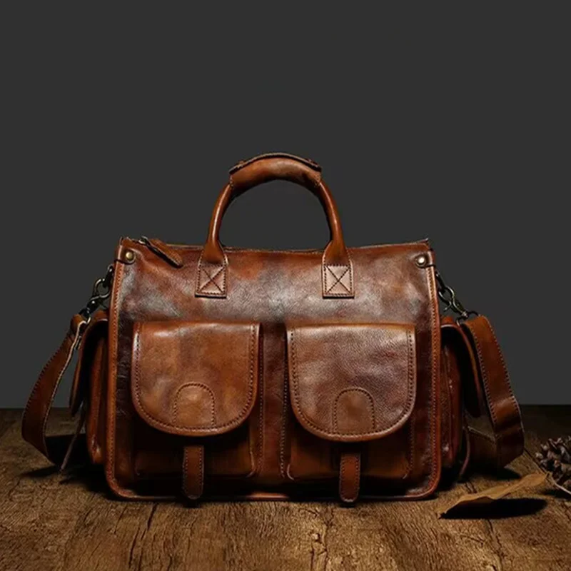 Luxury Crazy Horse Genuine Leather Men Handbag Large Capacity Briefcase Retro Shoulder Messenger Bag Male Travel Hand Tote Bag