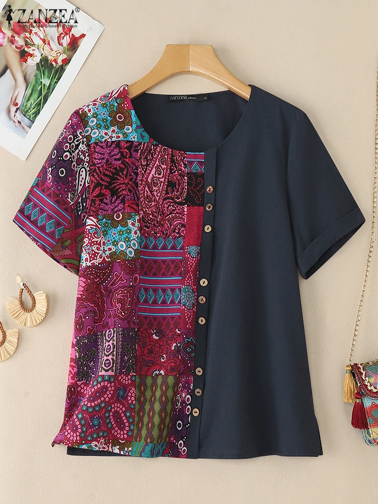 

Vintage Floral Printed Blouse ZANZEA 2025 Summer Women Tops Casual O Neck Short Sleeve Patchwork Shirt Loose Cotton Blusas Tunic