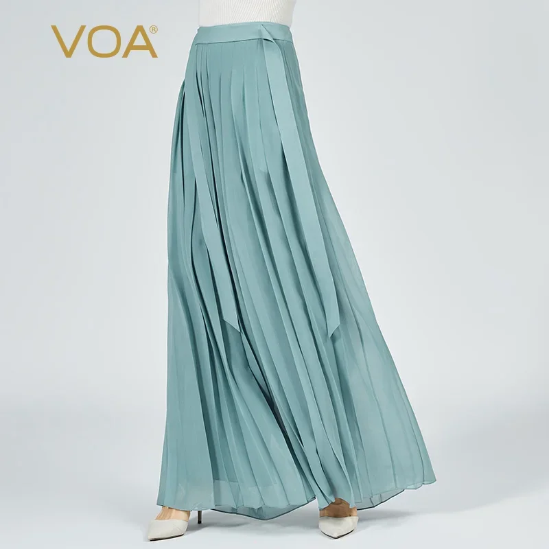VOA 12 Momme Georgette Mulberry Silk Pleated Culottes Three-dimensional Decorative Double Layer Wide-leg Pants Summer 2022 KE723
