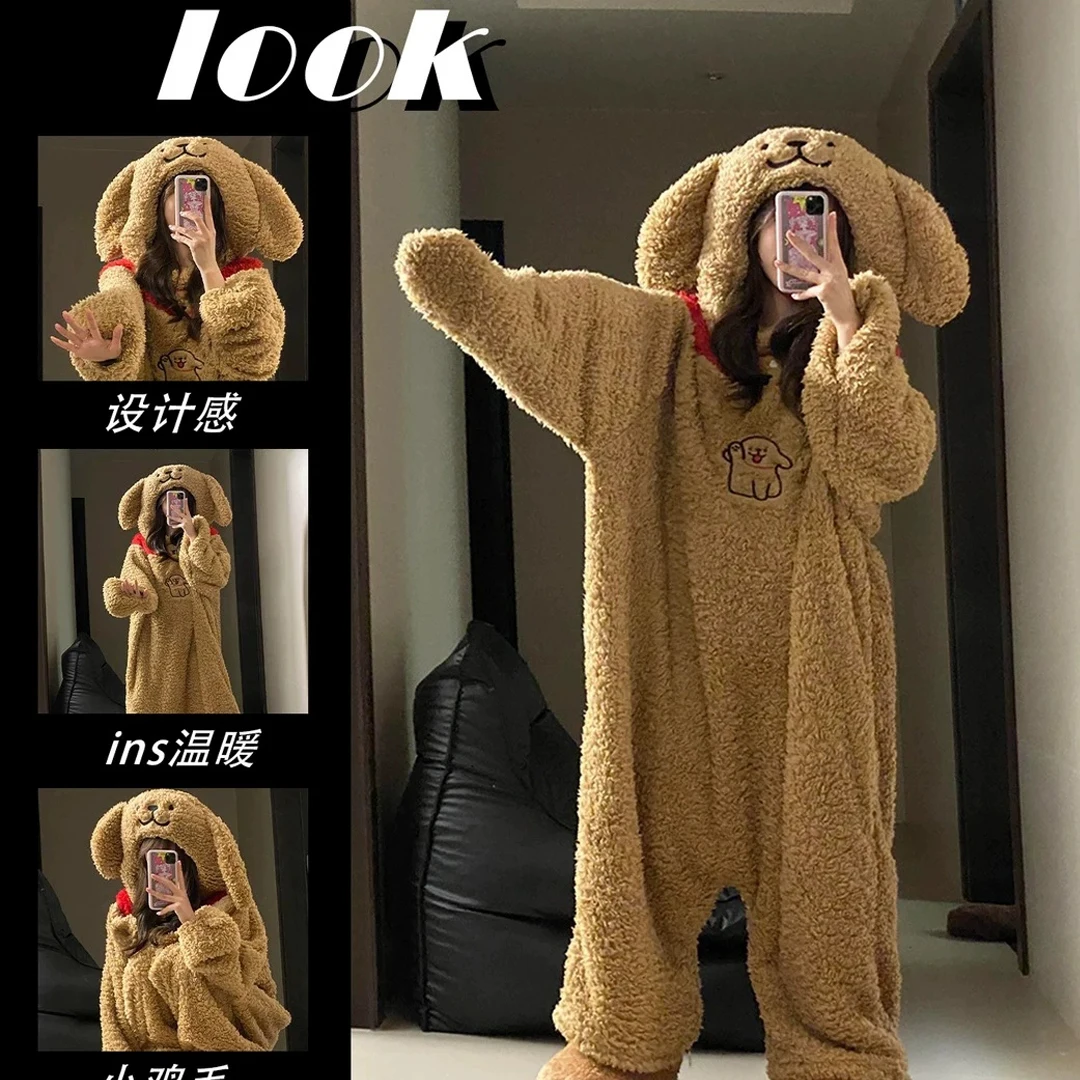 Winter Cartoon Brauner Hund Kapuzen Strampler Pyjamas Kigurumi Unicron Niedlich Langarm Reißverschluss Plüsch Neuheit Onesie Nachtwäsche Slipper – Detail 1