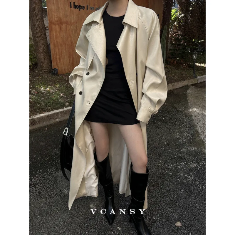 UMI MAO Spring Autumn Long Coat American Loose Bright Face Knee Over Specialty Windbreaker Women's High End Retro Trench Coat