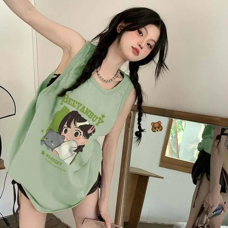 STSVZORR Green Tank Shoulder Sleeveless T-shirt Women's Summer Sweet and Unique Kawaii Y2K Tank Top