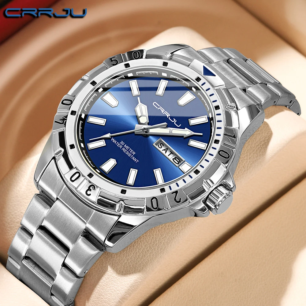 CRRJU Luxury Quartz Man Watch Waterproof Luminous Date Week Men Watch Military Stainless Steel Men\'s Watches Sport Male Clock