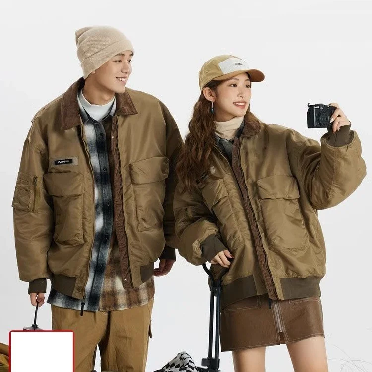 

Winter Baseball Jacket Men Women Loose Fit Padded Coat Casual Bomber Pilot Style Cotton Outerwear Couple Fashion Tops