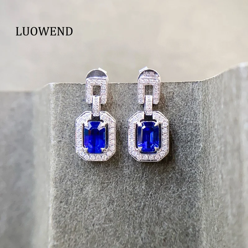 LUOWEND 100% 18K White Gold Earrings Luxury Elegant Style Shiny Diamond Natural Sapphire Earrings for Women High Party Jewelry