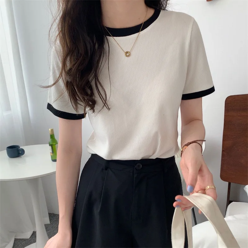 Summer New Crop Tops Fashion Women Slim O-Neck Patchwork Solid Y2K Women's Tops Casual Sweet Vintage Short Sleeve T-shirts 2025