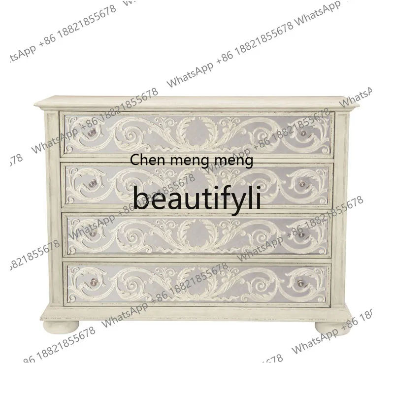 

Bedroom living room entrance chest light luxury wood carving flower mirror drawer storage cabinet H