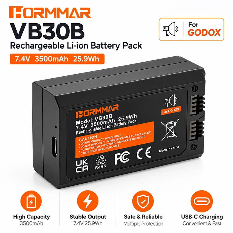 VB30B Rechargeable Li-ion Battery 7.4V 3500mAh 25.9Wh USB-C Charging for Godox Compatible Camera Flash