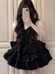 Y2K Two-piece Dress Set Women Puff Sleeve Shirt Black A-line Ruffles Cake Mini Dress Korean Fashion Suit Summer New Outfit