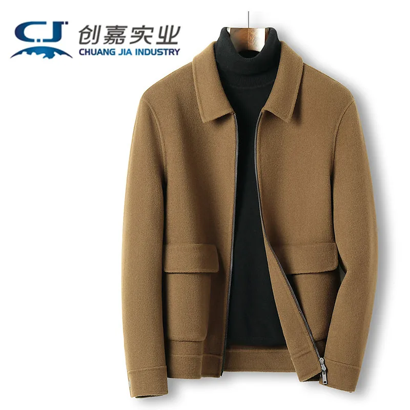 Autumn and Winter Men's Short Double-sided Wool Coat Vlack Loose Lapel Zipper Fashion Jacket Coat large Size 5XL Fat Clothing