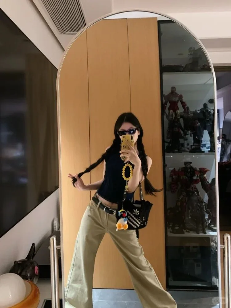 Jeans denim kaki oversize a vita bassa da donna larghi lunghi fino al pavimento comodi pantaloni a gamba larga stagione autunnale abbigliamento casual