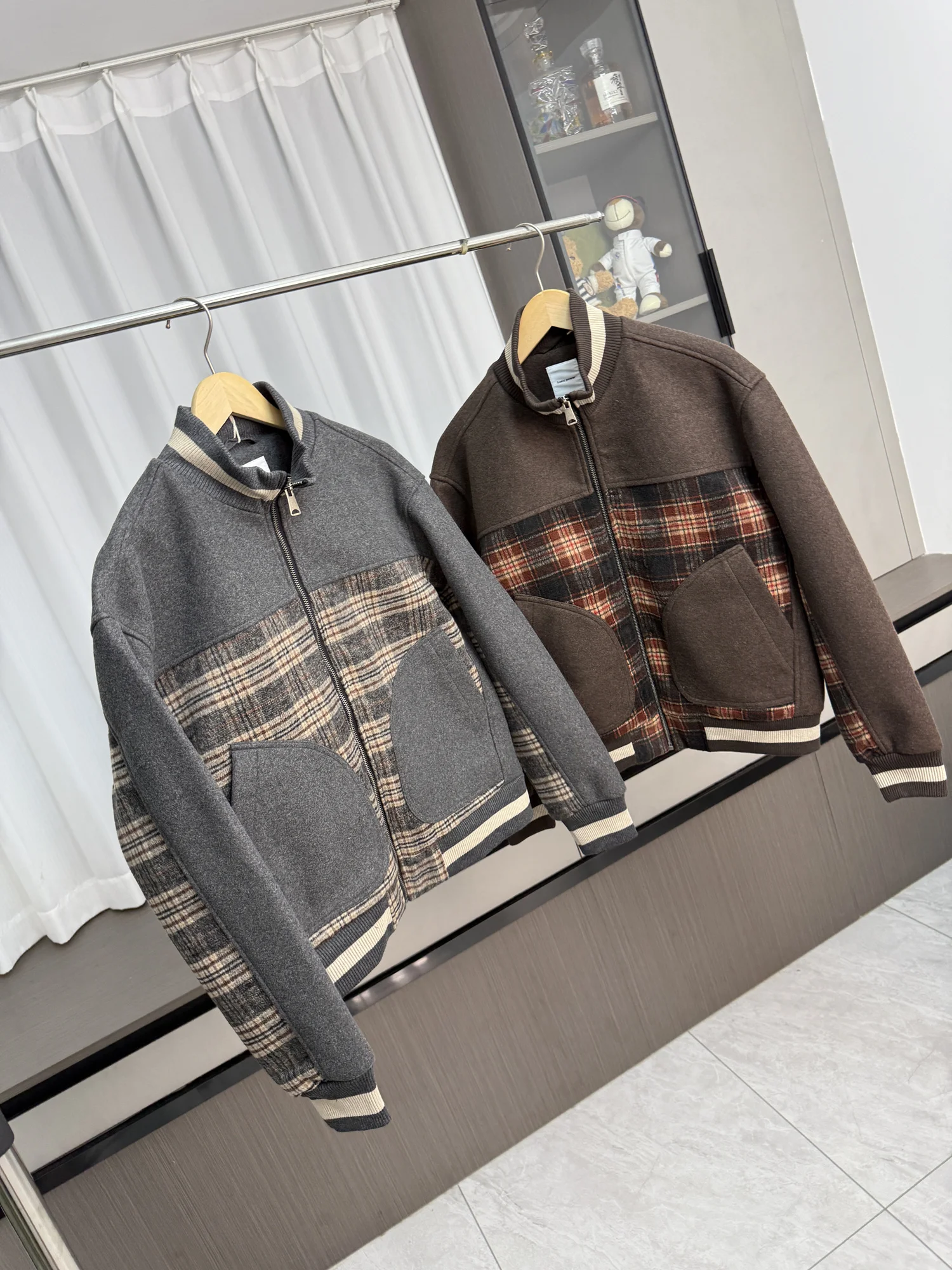 

Retro Japanese Sle! Plaid Patchwork! Autumn Winter Men's Loose Casual Versatile Woolen Baseball Jaet Zipper Decoration