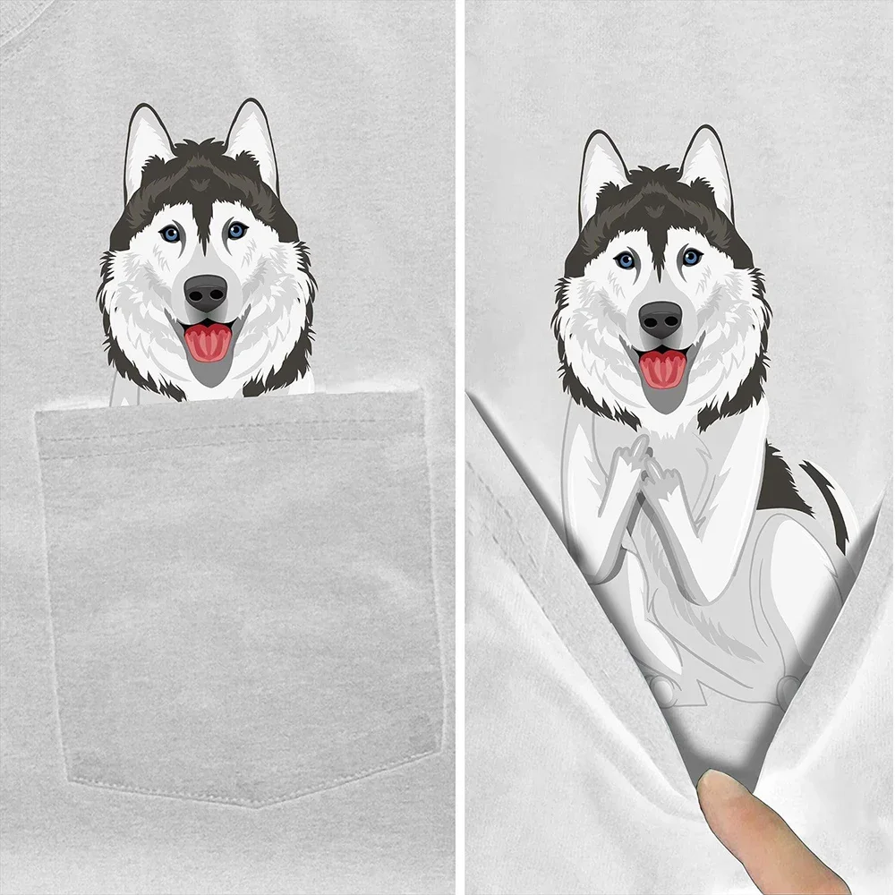 

CLOOCL Funny White Pure Cotton T-shirt Pocket Pet Dog Husky 3D Printed Shirts Men Women Fashion Cool Harajuku Casual Tee