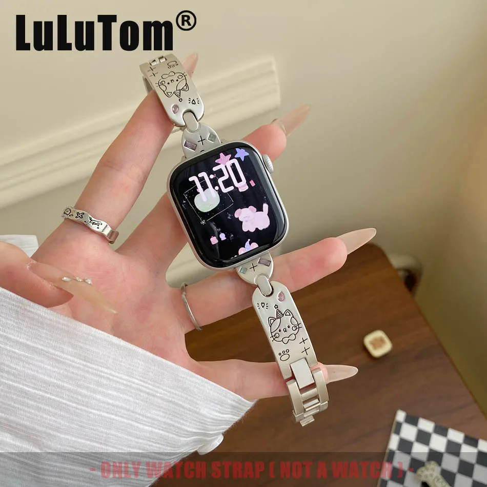 

Милый ремешок для часов с изображением кота, ручная роспись для Apple Watch, 38–49 мм, серия 10, 9, 8, 7, 6, 5 4, 3 2 SE Ultra, женский ремешок с цирконом