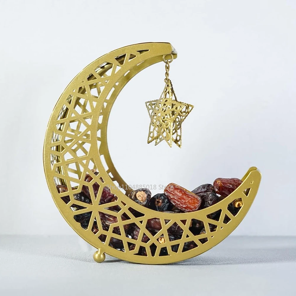 

Golden Snack Tray Hollow out Moon Star Shape Eid Mubarak Serving Platter Muslim Ramadan Nuts Plate