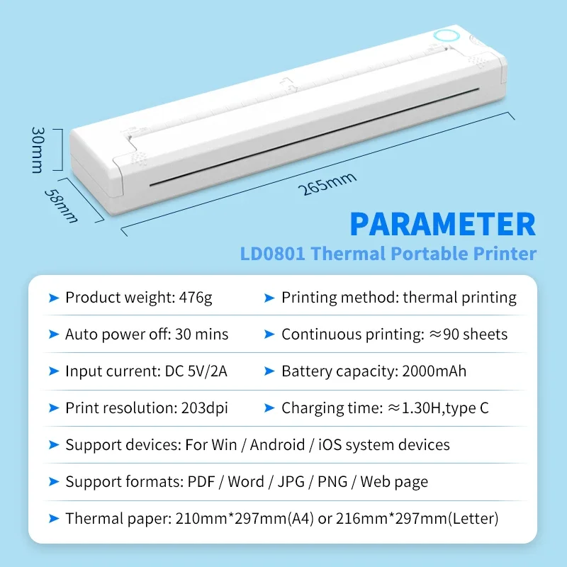 NewNEWYES Blue Tooth Pocket Photo Document Printer Portable Phone Digital Wireless A4 Thermal Printer