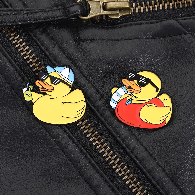 Duck Pin Yellow Duck with Sunglasses Swimming Ring Baseball Cap Drink Design Cute Cool Style Brooches for Duck Lovers Collection