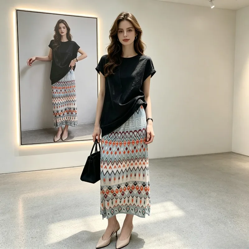 Miyake Pleated 2026 New Half Skirt Casual Pleated Mid-Length High Waist Retro Print Side Slit Casual Versatile Straight Skirt