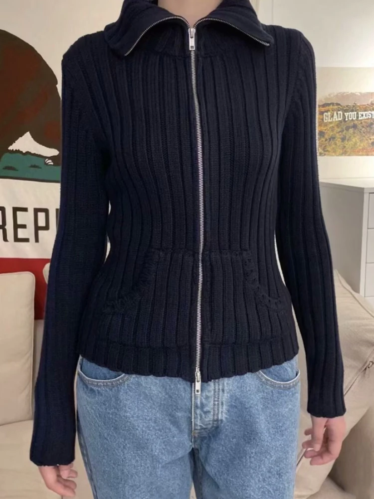 Casual Women Navy Zip-up Knit Cardigans 2023 Fall Vintage Lapel Long Sleeves Solid Color Sweaters Female Chic Knitwears