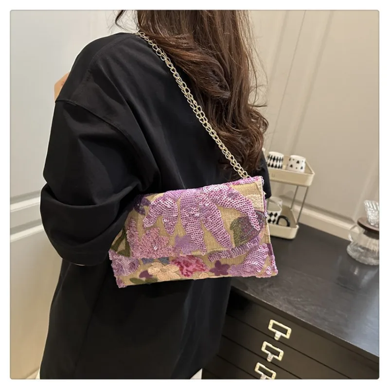 New Straw Woven Sequin Floral Envelope Bag Women's Chain Shoulder Crossbody Bag Party Evening Clutch Daily Casual Underarm Bag