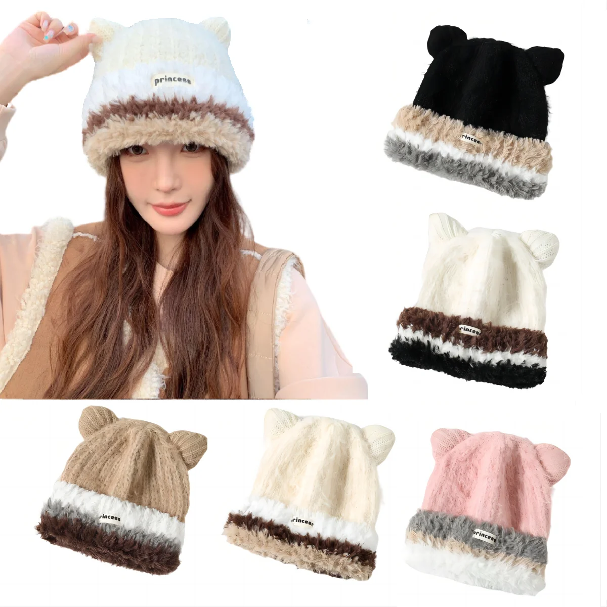 

Осенне-зимняя плюшевая шапка женская вязаная шапка с большим обхватом головы и медвежьими ушками