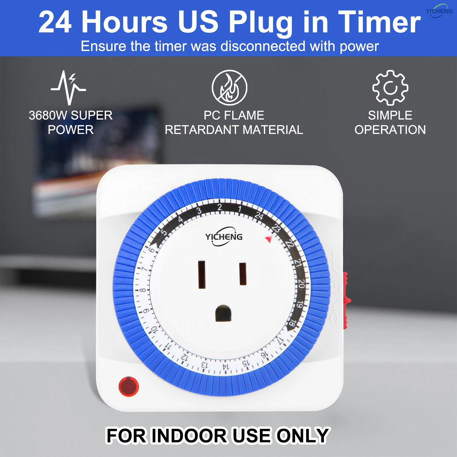 YICHENG 24 Hour Plug-in Mechanical Timer Grounded for Aquarium, Grow Light, Hydroponics, Indoor Lighting, Home Appliances.