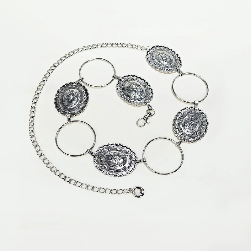 Nuova cintura a catena in vita rotonda grande intagliata in metallo per donna Abito argento Jeans Cintura Accessori gotici femminili Cintura regolabile per ragazza