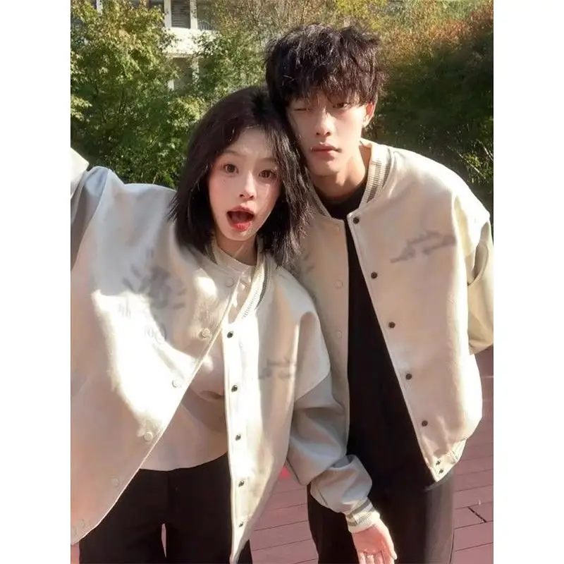 

Chic Couple's Baseball Jaet Spring Autumn Sle Unique Personali BF Wind Heavyweight Premium Feel Baseball Coat for Youth