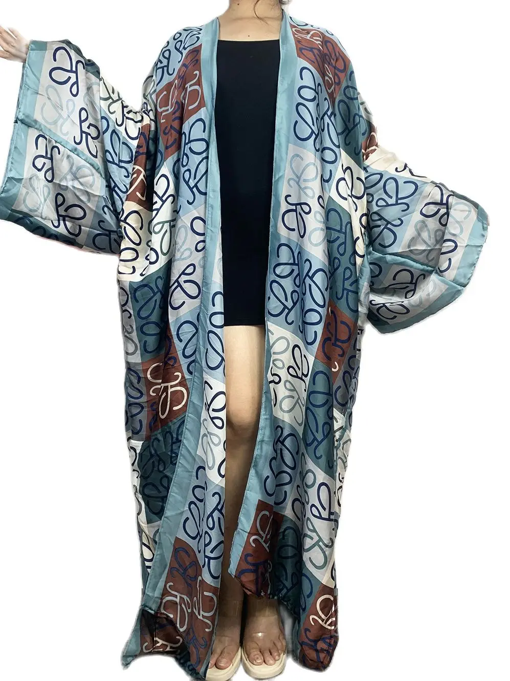 

Sexy Lady Summer Vacation Beach Bikini Cover Up Europe Fashion Blogger Open Front Silk Printed Duster Coat African Muslim Kimono