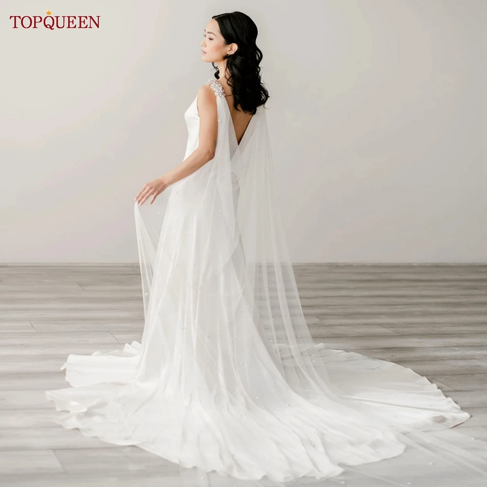 TOPQUEEN G64 ślubne długie welony ślubne bolerko kurtka Trailing Pearl Cape Veil katedra długie Bridal Wrap z koralikami szpilki