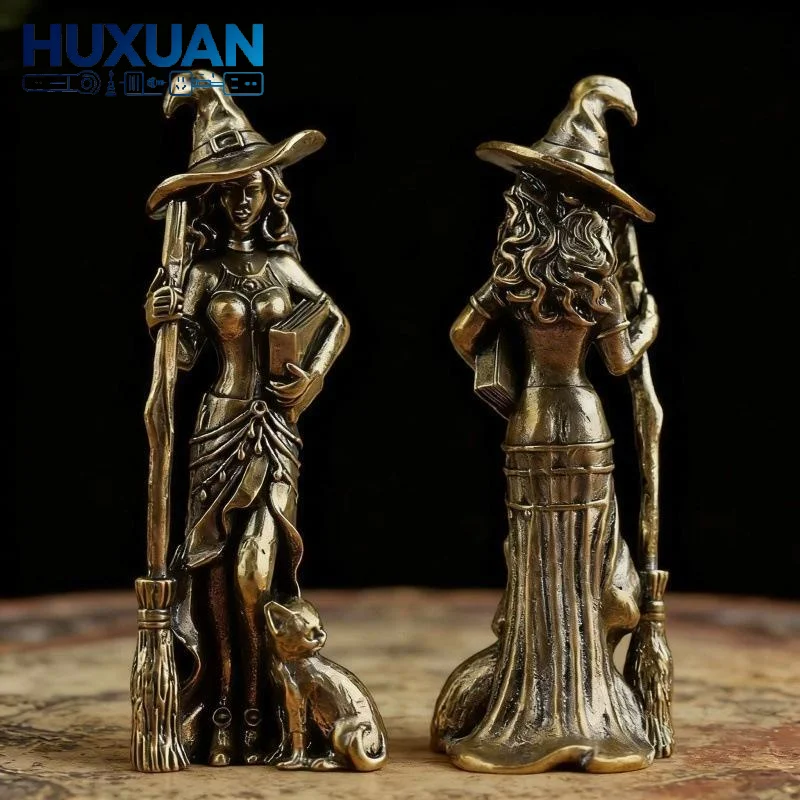 Antique Brass Witch Figurine Craft Mini Exquisite Vintage Witch Statue for Bedroom Desktop Altar Gothic Home Decoration